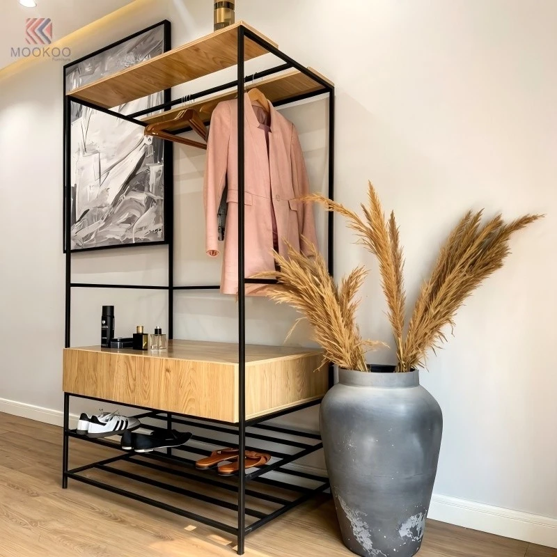 Industrial Modern Metal Wood Floor Cabinet With Rotating Detachable Shelves Solid Wood Accents Varnish Finish suppliers